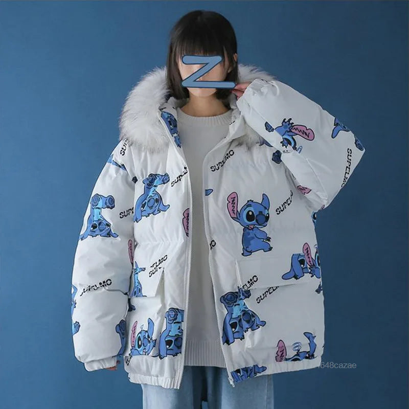 TAMBREET Disney Stitch Cute Print Down Cotton Jacket Winter New Korean Version Loose Cotton Coat Trend Casual Warm Versatile Zipper Coat