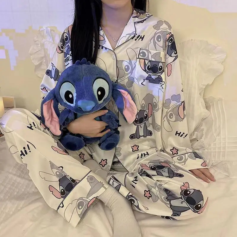 TAMBREET Disney women's pajamas cartoon long-sleeved trousers Stitch two-piece set cartoon Disney women's loungewear Stitch pajamas