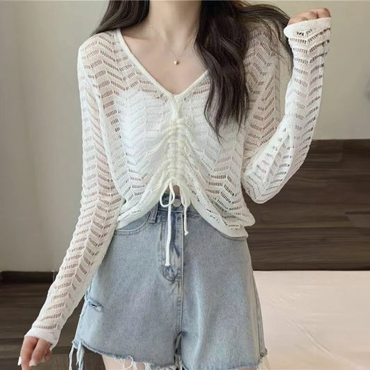 TAMBREET Drawstring Cropped Pointelle Sweater Long Sleeve V-neck Sheer Open-knit Pullovers Women Spring Summer Outfit