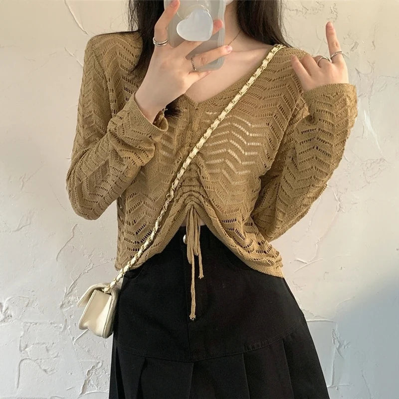 TAMBREET Drawstring Cropped Pointelle Sweater Long Sleeve V-neck Sheer Open-knit Pullovers Women Spring Summer Outfit