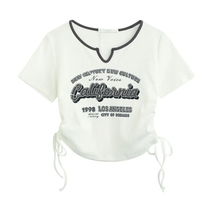 TAMBREET Drawstring Y2k T Shirt Women Letter Crop Top Americal Retro Short Sleeve Tees Korean Graphic Slim Summer Tshirts 2000s Clothes