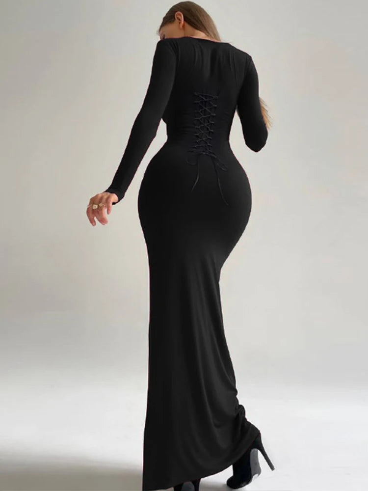 TAMBREET Dulzura Lace Up Bandage Long Sleeve Maxi Dress Women Bodycon Black Long Dress Party Club Outfit Streetwear Evening Drop Shipping