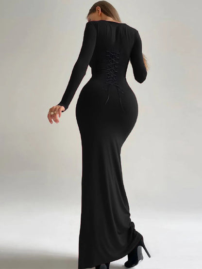 TAMBREET Dulzura Lace Up Bandage Long Sleeve Maxi Dress Women Bodycon Black Long Dress Party Club Outfit Streetwear Evening Drop Shipping