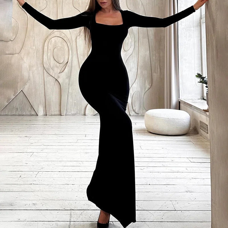 TAMBREET Dulzura Lace Up Bandage Long Sleeve Maxi Dress Women Bodycon Black Long Dress Party Club Outfit Streetwear Evening Drop Shipping