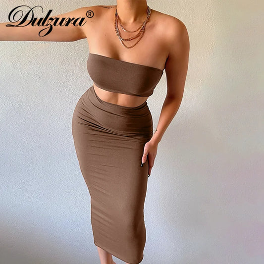 TAMBREET Dulzura Solid Women 2 Piece Set Tube Crop Top Midi Skirt Bodycon Sexy Streetwear Party Club Elegant Matching Co Ords 2024 Summer