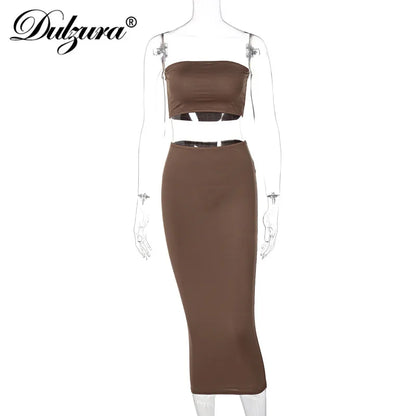 TAMBREET Dulzura Solid Women 2 Piece Set Tube Crop Top Midi Skirt Bodycon Sexy Streetwear Party Club Elegant Matching Co Ords 2024 Summer