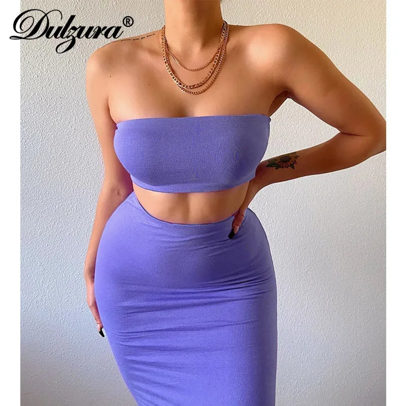 TAMBREET Dulzura Solid Women 2 Piece Set Tube Crop Top Midi Skirt Bodycon Sexy Streetwear Party Club Elegant Matching Co Ords 2024 Summer