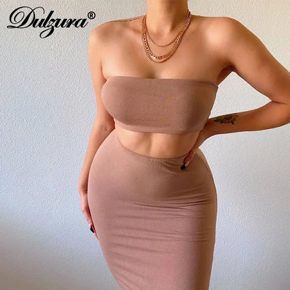 TAMBREET Dulzura Solid Women 2 Piece Set Tube Crop Top Midi Skirt Bodycon Sexy Streetwear Party Club Elegant Matching Co Ords 2024 Summer