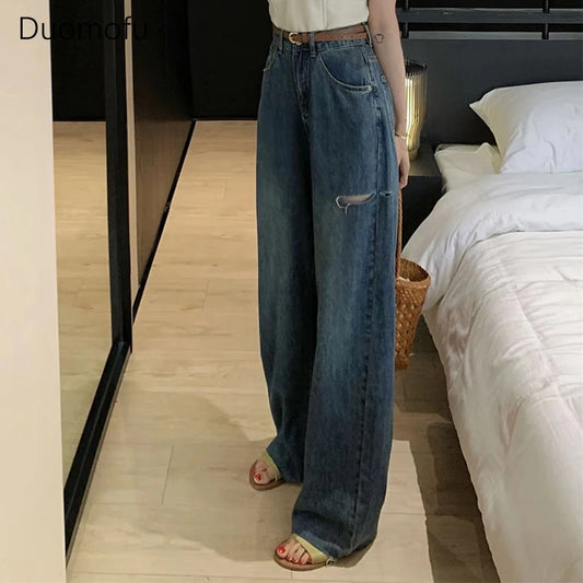 TAMBREET Duomofu Chic Hollow Out Basic High Waist Slim Casual Female Jeans Summer New Loose Casual Fashion Full Length Simple Women Jeans