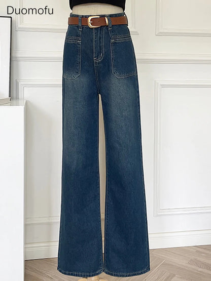 TAMBREET Duomofu Chic Pocket Basic Belt High Waist Slim Straight Female Jeans Summer Vintage Full Length Loose Casual Fashion Women Jeans