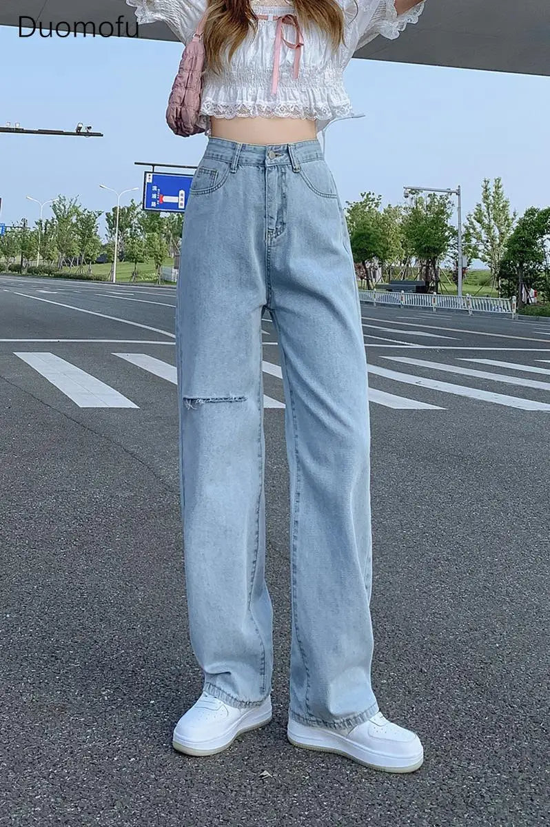 TAMBREET Duomofu Korean Basic High Waist Slim Casual Women Jeans Summer Classic Full Length Fashion Washed Simple Straight Female Jeans