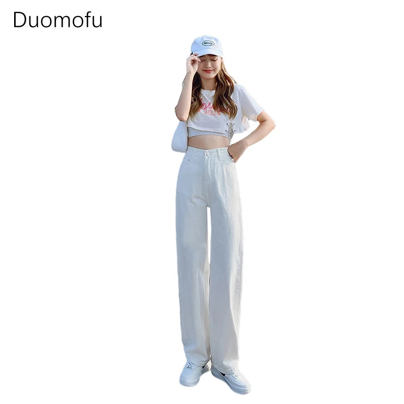 TAMBREET Duomofu Korean Basic High Waist Slim Casual Women Jeans Summer Classic Full Length Fashion Washed Simple Straight Female Jeans