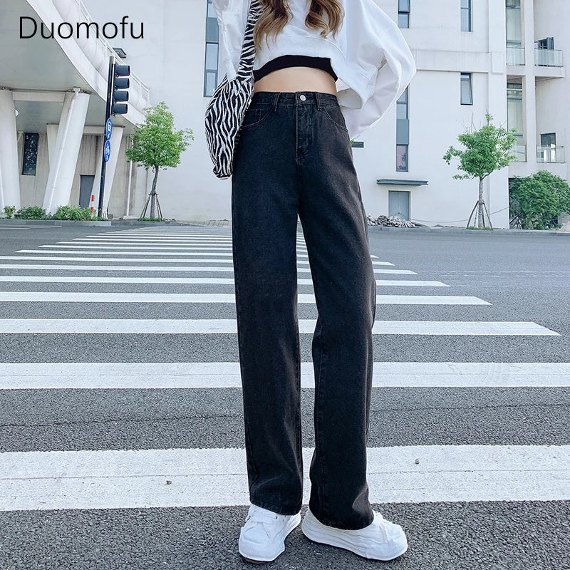 TAMBREET Duomofu Korean Basic High Waist Slim Casual Women Jeans Summer Classic Full Length Fashion Washed Simple Straight Female Jeans