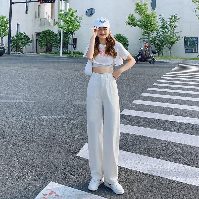 TAMBREET Duomofu Korean Basic High Waist Slim Casual Women Jeans Summer Classic Full Length Fashion Washed Simple Straight Female Jeans