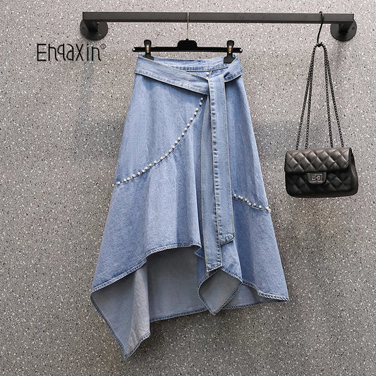 TAMBREET  EHQAXIN Women's Casual Denim Skirt 2024 Summer New Simple Irregular Lace-Up Beaded Loose Denim Skirt Ladies Fashion Youth L-4XL