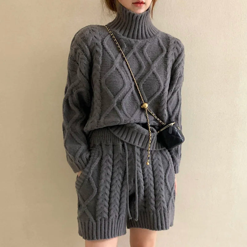 TAMBREET [EWQ] Women Turtleneck Solid Plaid Sweater+Waist Elastic Twists Knit Shorts 2024 Autumn Winter New Casual 2 Piece Set 16U3937