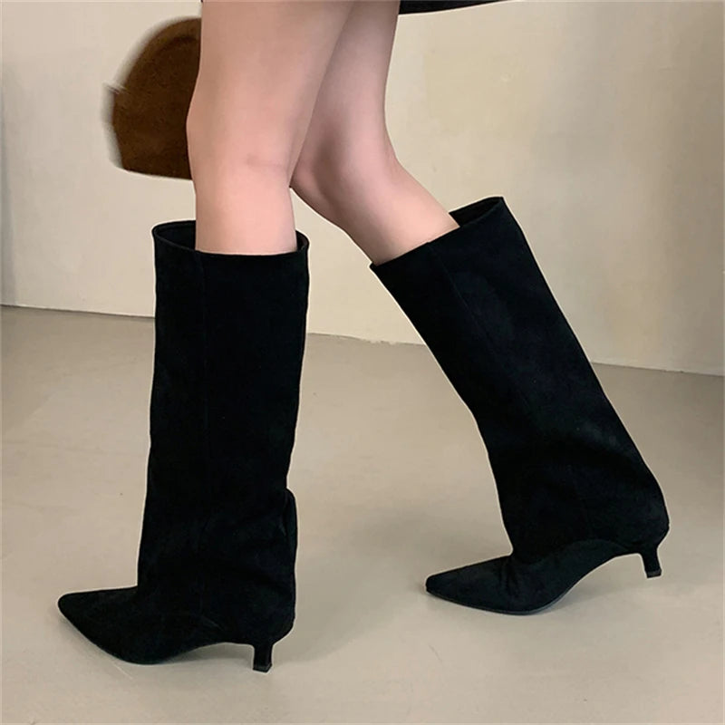 TAMBREET Eilyken 2025 Winter Street Style Pointed Toe Knee-High Boots Women Low Heels Shoes Female Long Booties Zapatos De Mujer