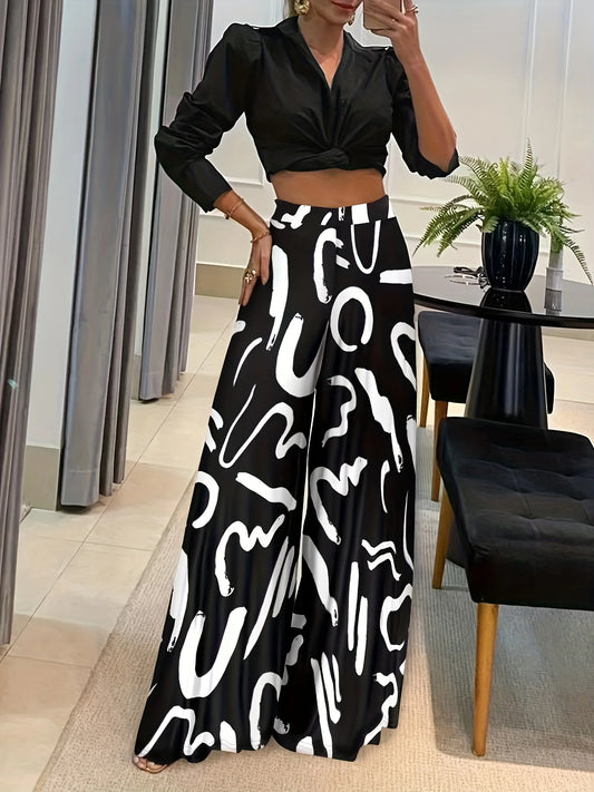 TAMBREET Elegant And Versatile For All Seasons, New Geometric Printed Loose Fit Straight Leg Wide Leg Pants, Fashionable Long Pants