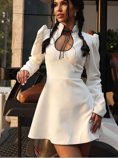 TAMBREET Elegant Black Lace-up Puff Sleeve Mini Dress Women Fashion Stand Collar High Waist A-line Dresses Autumn New Street Partywear