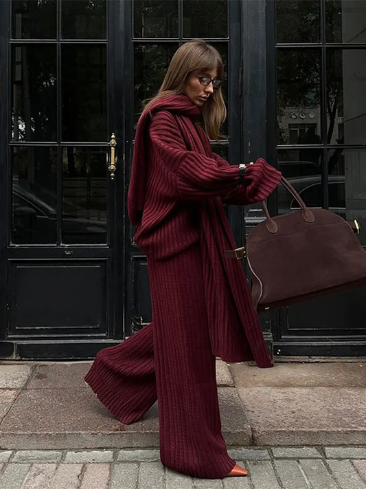 TAMBREET Elegant Burgundy Color Women's Loose Wide Leg Pants Set Chic Scarf Collar V-neck Knitted Sweater Suits Lady Street Knitwear 2024