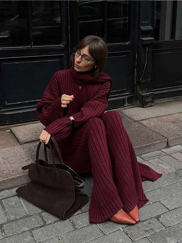 TAMBREET Elegant Burgundy Color Women's Loose Wide Leg Pants Set Chic Scarf Collar V-neck Knitted Sweater Suits Lady Street Knitwear 2024