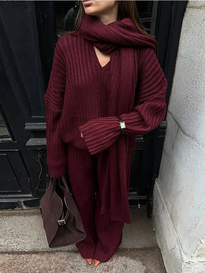 TAMBREET Elegant Burgundy Color Women's Loose Wide Leg Pants Set Chic Scarf Collar V-neck Knitted Sweater Suits Lady Street Knitwear 2024