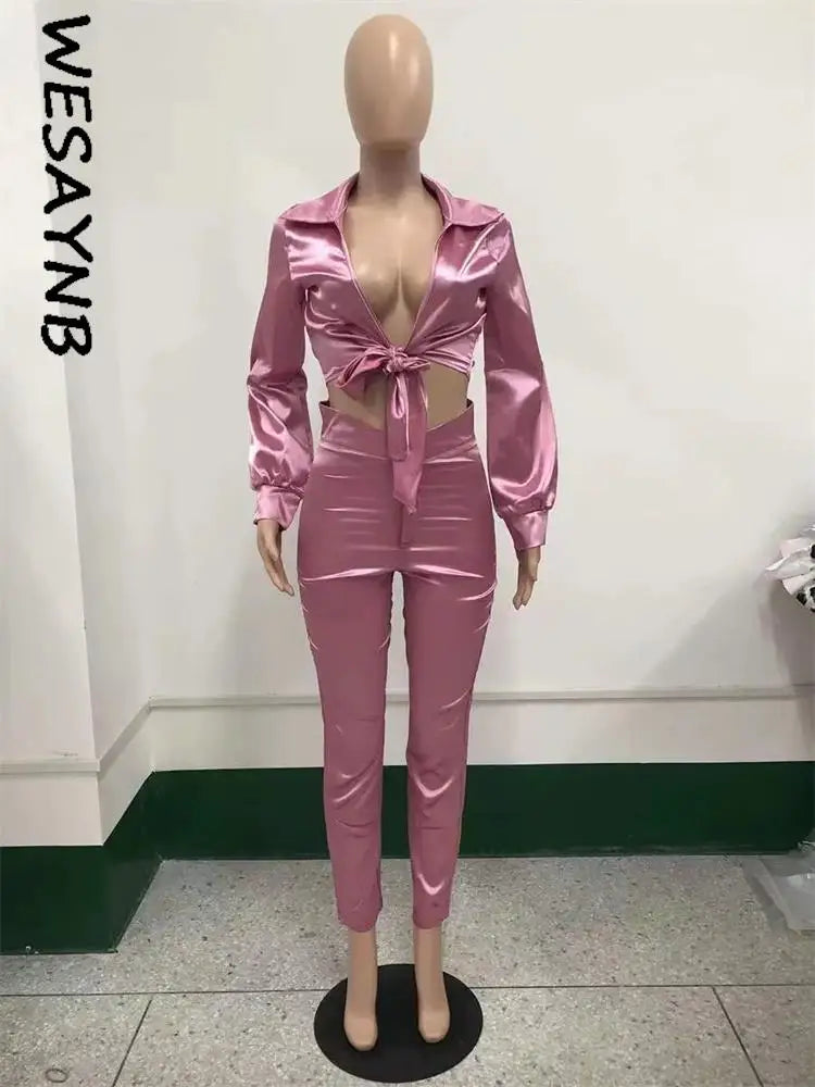 TAMBREET Elegant Casual Matching Sets Womens 2 Two Piece Set For Womens Long Sleeve Crop Top Outfits Pink Pants Sets 2024 Fall Outfits