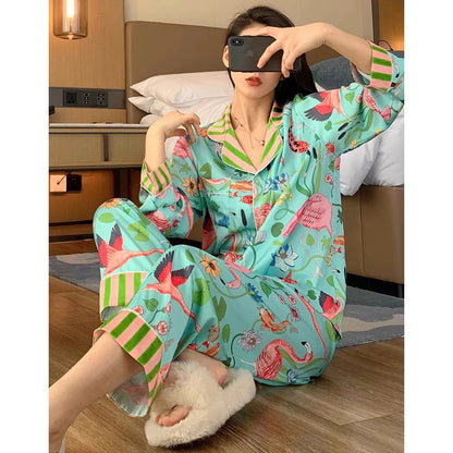 TAMBREET Elegant Design Bird of Fire Cartoon Print Women's Pajamas Fashion Y2k Classical Lounge Sleepwear 2024 New Spring/Fall Housewear