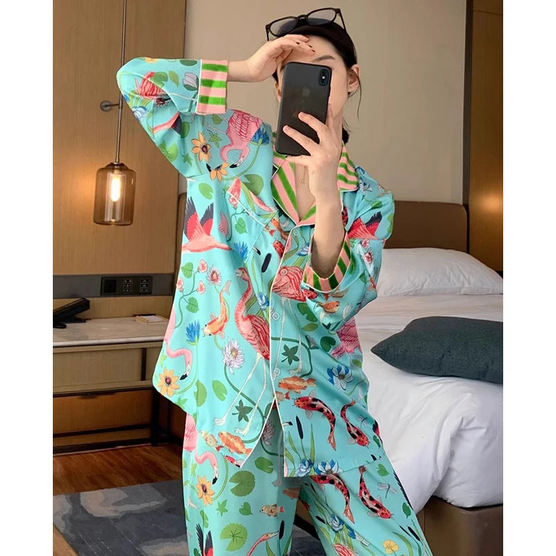 TAMBREET Elegant Design Bird of Fire Cartoon Print Women's Pajamas Fashion Y2k Classical Lounge Sleepwear 2024 New Spring/Fall Housewear