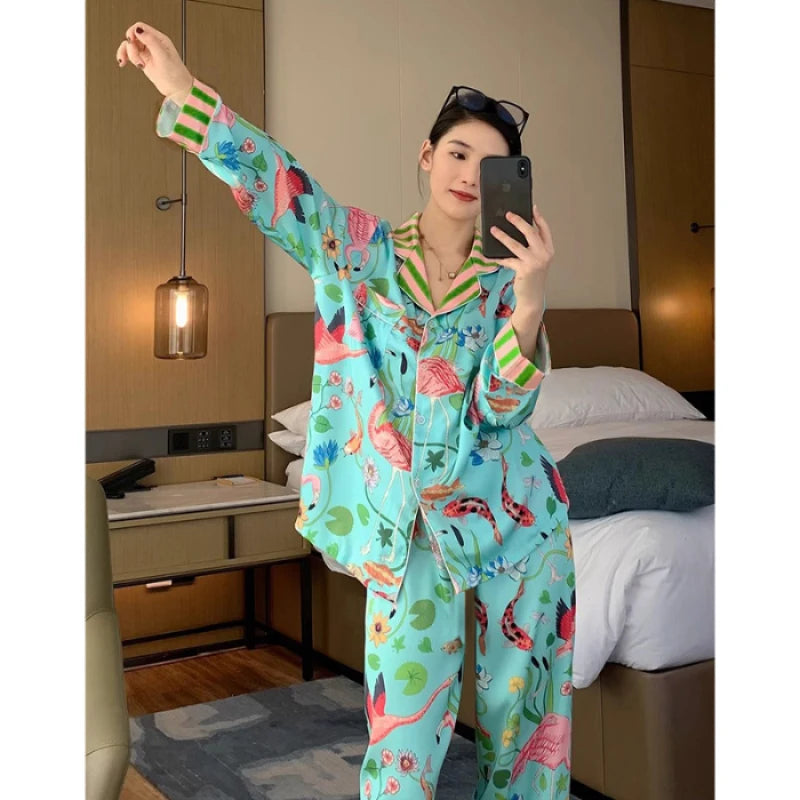 TAMBREET Elegant Design Bird of Fire Cartoon Print Women's Pajamas Fashion Y2k Classical Lounge Sleepwear 2024 New Spring/Fall Housewear