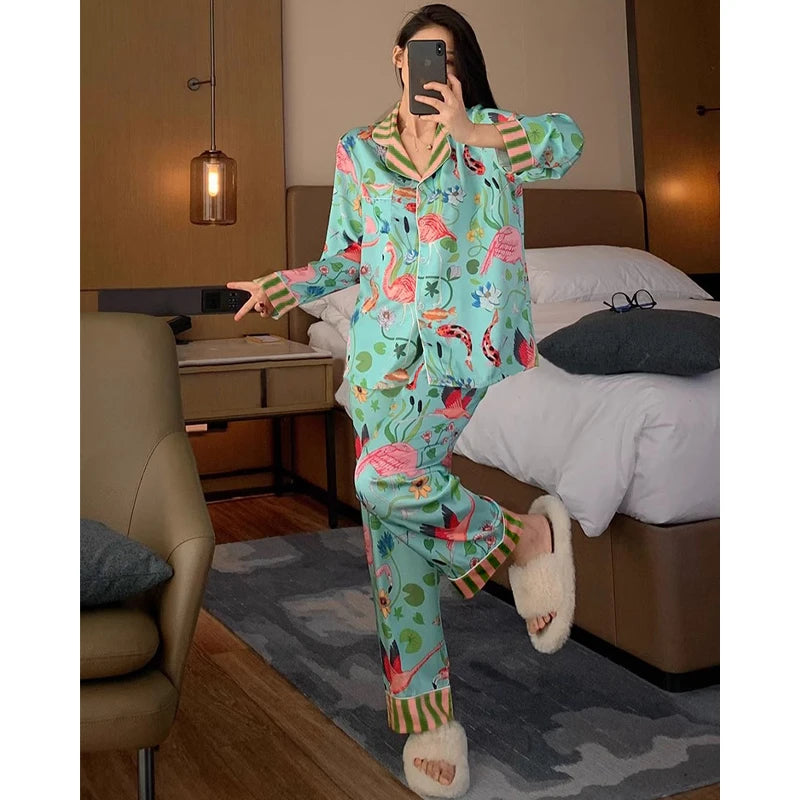 TAMBREET Elegant Design Bird of Fire Cartoon Print Women's Pajamas Fashion Y2k Classical Lounge Sleepwear 2024 New Spring/Fall Housewear