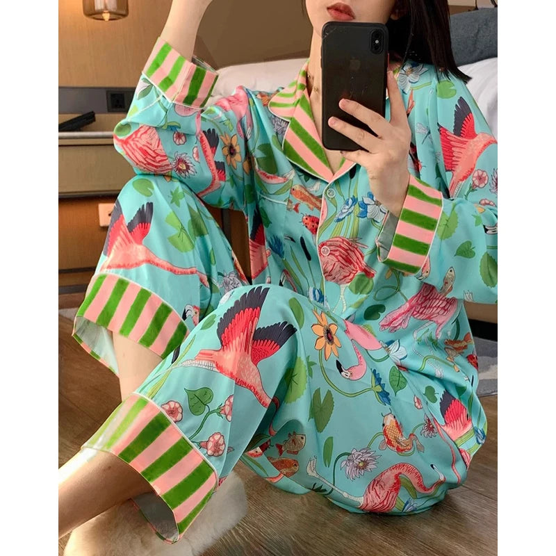 TAMBREET Elegant Design Bird of Fire Cartoon Print Women's Pajamas Fashion Y2k Classical Lounge Sleepwear 2024 New Spring/Fall Housewear