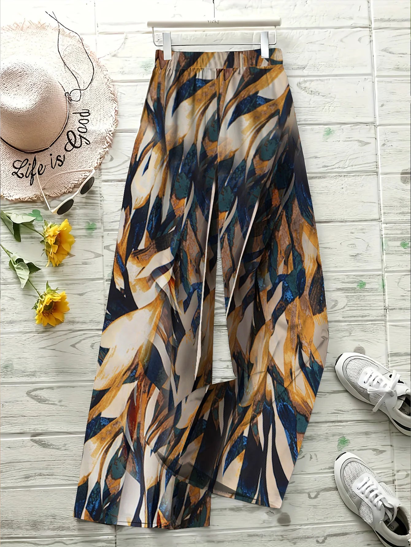 TAMBREET Elegant Geometric Printing, Fashionable All Season New Street Loose Fit Wide Leg Pants, Fashionable Long Pants