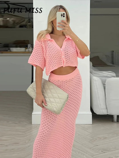 TAMBREET Elegant Knitted Long Skirt Women's Sets Hollow Out Lapel Short Sleeve Cropped Top  Maxi Skirts 2024 Summer Crochet Female Suit