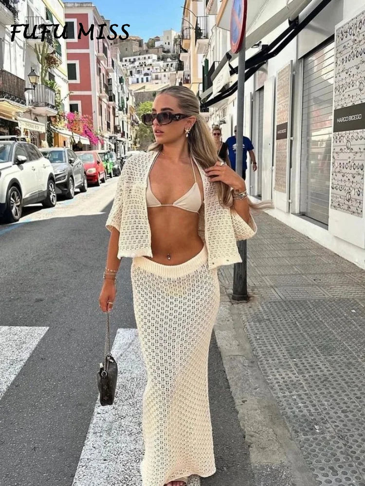 TAMBREET Elegant Knitted Long Skirt Women's Sets Hollow Out Lapel Short Sleeve Cropped Top  Maxi Skirts 2024 Summer Crochet Female Suit