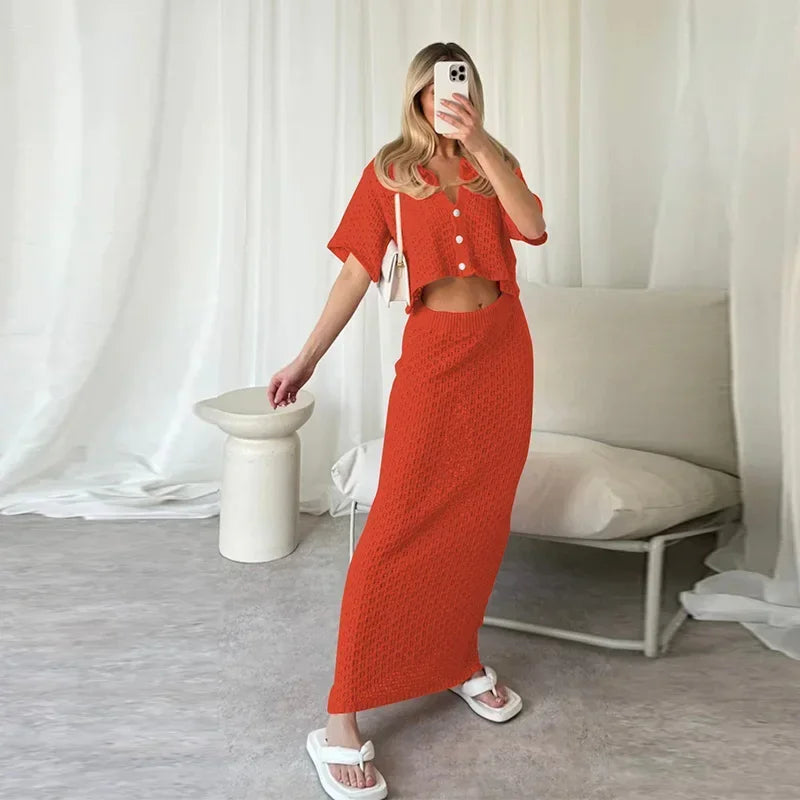 TAMBREET Elegant Knitted Long Skirt Women's Sets Hollow Out Lapel Short Sleeve Cropped Top  Maxi Skirts 2024 Summer Crochet Female Suit