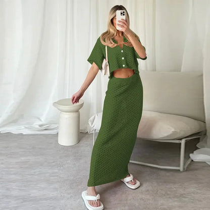 TAMBREET Elegant Knitted Long Skirt Women's Sets Hollow Out Lapel Short Sleeve Cropped Top  Maxi Skirts 2024 Summer Crochet Female Suit