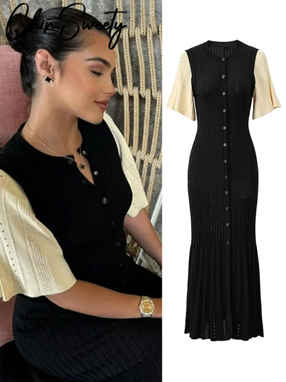 TAMBREET Elegant Knitted Ribbed Long Dress Women Slim Wave O-neck Short Sleeve Hip Package Dresses Female 2024 Summer Lady  Robe