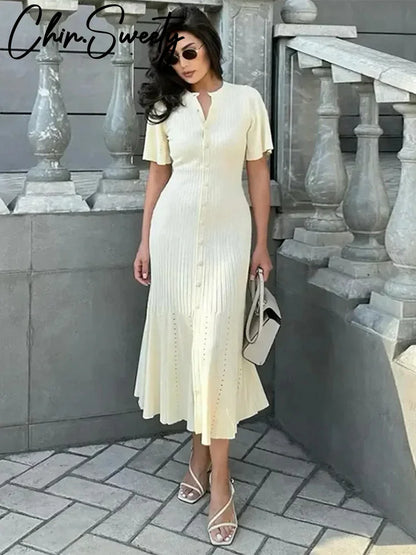 TAMBREET Elegant Knitted Ribbed Long Dress Women Slim Wave O-neck Short Sleeve Hip Package Dresses Female 2024 Summer Lady  Robe