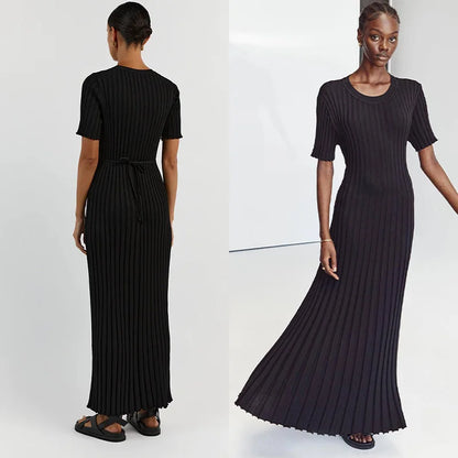 TAMBREET Elegant Knitted Ribbed Long Dress Women Slim Wave O-neck Short Sleeve Hip Package Dresses Female 2024 Summer Lady  Robe