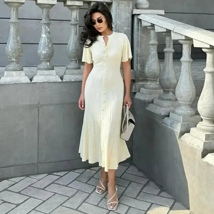 TAMBREET Elegant Knitted Ribbed Long Dress Women Slim Wave O-neck Short Sleeve Hip Package Dresses Female 2024 Summer Lady  Robe