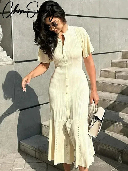 TAMBREET Elegant Knitted Ribbed Long Dress Women Slim Wave O-neck Short Sleeve Hip Package Dresses Female 2024 Summer Lady  Robe