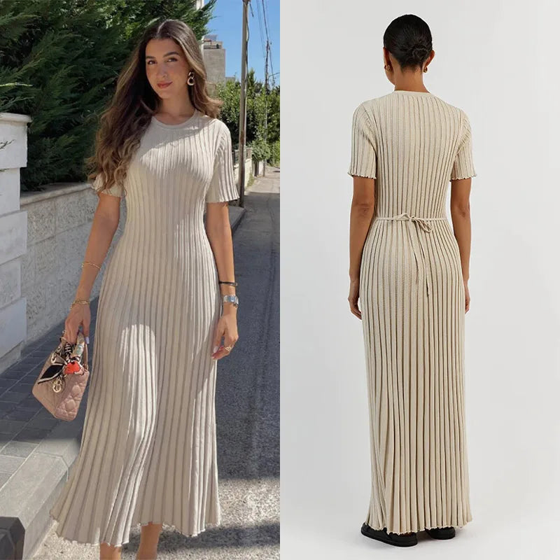 TAMBREET Elegant Knitted Ribbed Long Dress Women Slim Wave O-neck Short Sleeve Hip Package Dresses Female 2024 Summer Lady  Robe