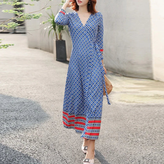 TAMBREET платье женское Elegant Ladies One-piece Wrap V-neck Dresses for Women's French Robe Retro Blue Plaid Maxi Dress Vestido de mujer