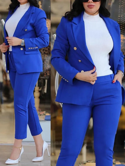 TAMBREET Elegant Office Lady Two Piece Sets New Autumn Winter Women Fashion Notched Neck Long Sleeve Blazer & High Waist Work Pants Suit