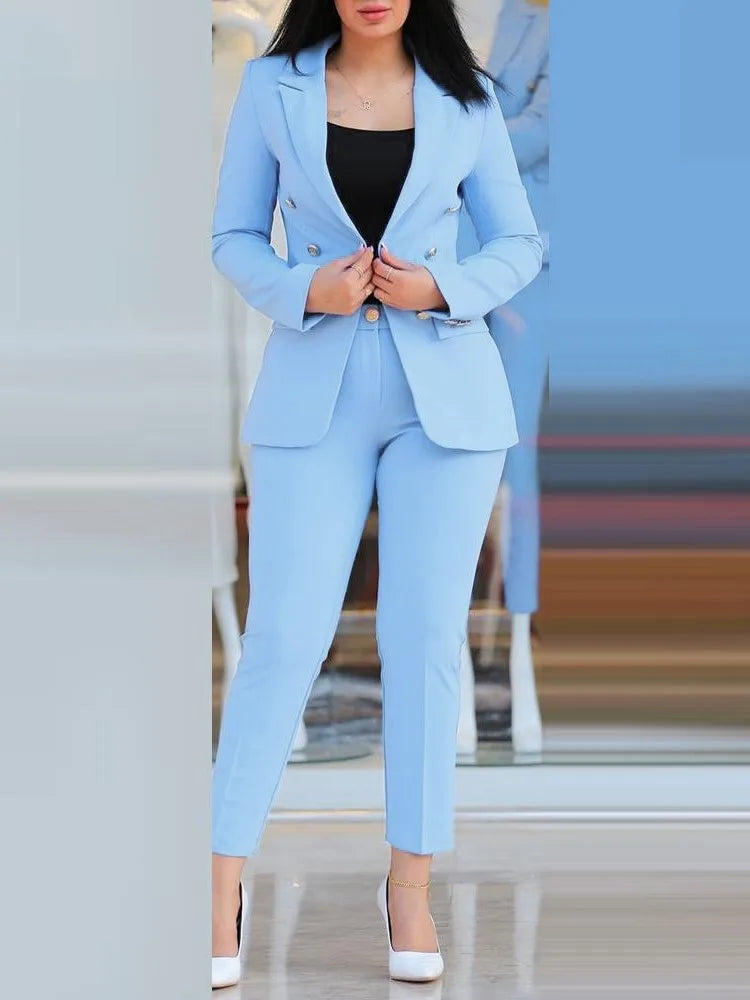 TAMBREET Elegant Office Lady Two Piece Sets New Autumn Winter Women Fashion Notched Neck Long Sleeve Blazer & High Waist Work Pants Suit