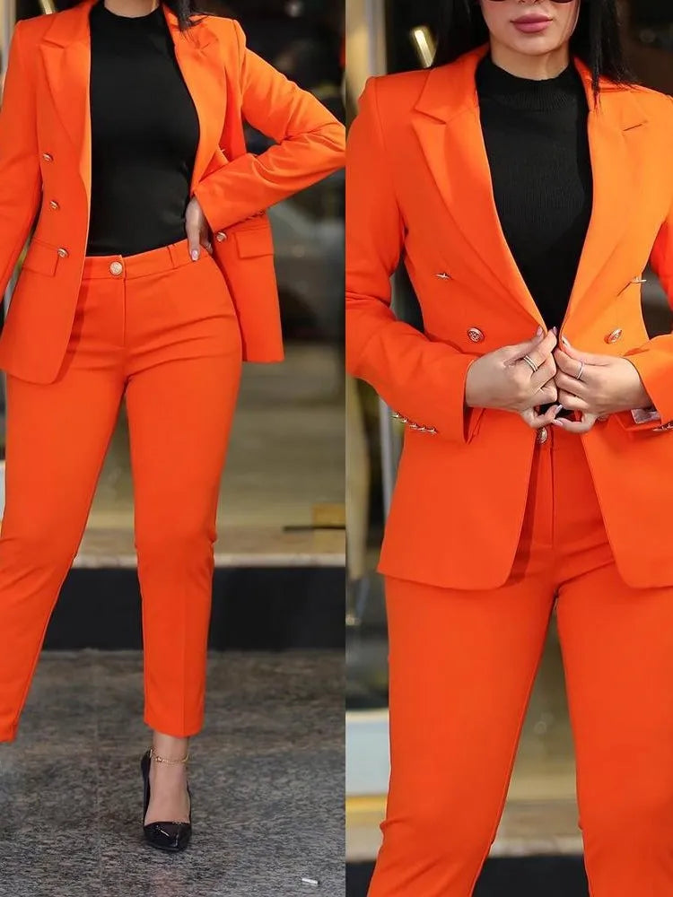 TAMBREET Elegant Office Lady Two Piece Sets New Autumn Winter Women Fashion Notched Neck Long Sleeve Blazer & High Waist Work Pants Suit