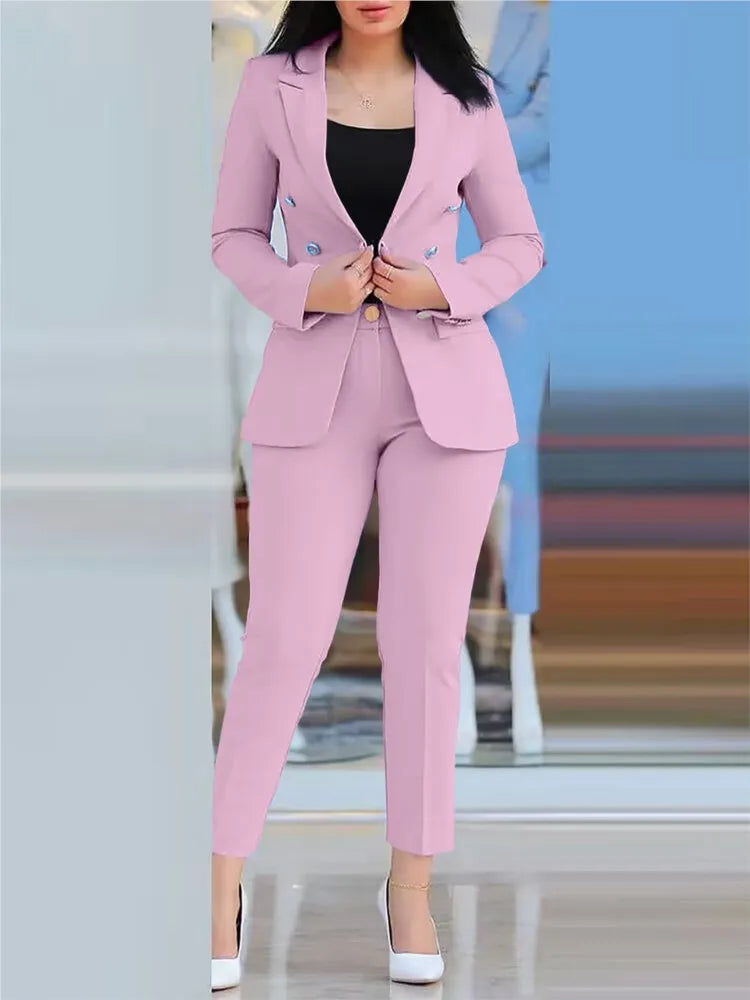 TAMBREET Elegant Office Lady Two Piece Sets New Autumn Winter Women Fashion Notched Neck Long Sleeve Blazer & High Waist Work Pants Suit