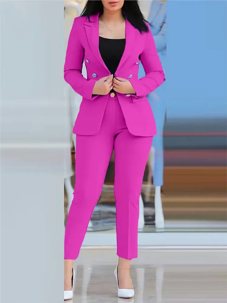 TAMBREET Elegant Office Lady Two Piece Sets New Autumn Winter Women Fashion Notched Neck Long Sleeve Blazer & High Waist Work Pants Suit