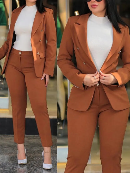 TAMBREET Elegant Office Lady Two Piece Sets New Autumn Winter Women Fashion Notched Neck Long Sleeve Blazer & High Waist Work Pants Suit